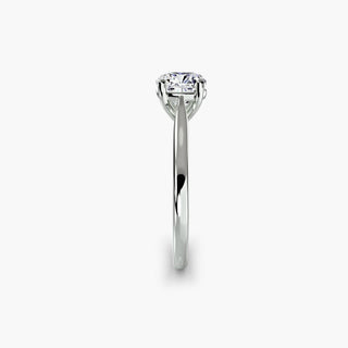Cathedral solitaire engagement ring setting in white gold showing the tapered band profile, with a cushion-cut lab grown diamond. || #metal_white gold|platinum #diamond shape_cushion