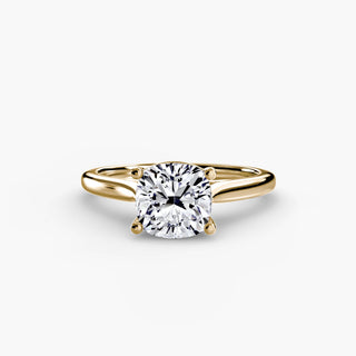 Cathedral solitaire engagement ring setting in yellow gold, featuring a cushion-cut lab grown diamond. || #metal_yellow gold #diamond shape_cushion