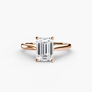 Cathedral solitaire engagement ring setting in rose gold, featuring an emerald-cut lab grown diamond. || #metal_rose gold #diamond shape_emerald