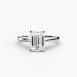 Cathedral solitaire engagement ring setting in white gold, featuring an emerald-cut lab grown diamond. || #metal_white gold|platinum #diamond shape_emerald