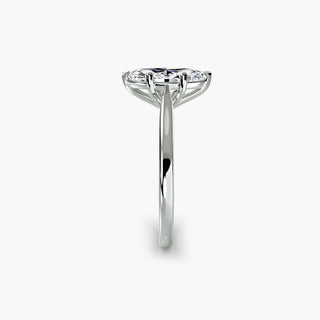 Cathedral solitaire engagement ring setting in white gold showing the tapered band profile, with a marquise-cut lab grown diamond. || #metal_white gold|platinum #diamond shape_marquise