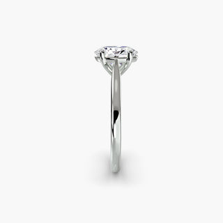 Cathedral solitaire engagement ring setting in white gold showing the tapered band profile, with an oval-cut lab grown diamond. || #metal_white gold|platinum #diamond shape_oval