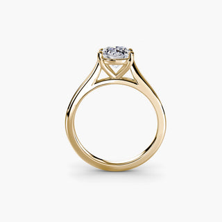 Cathedral solitaire engagement ring setting in yellow gold, side profile view, featuring an oval-cut lab grown diamond. || #metal_yellow gold #diamond shape_oval