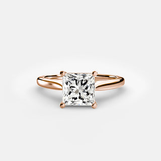 Cathedral solitaire engagement ring setting in rose gold, featuring a princess-cut lab grown diamond. || #metal_rose gold #diamond shape_princess