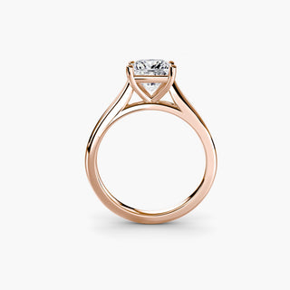 Cathedral solitaire engagement ring setting in rose gold, side profile view, featuring a princess-cut lab grown diamond. || #metal_rose gold #diamond shape_princess