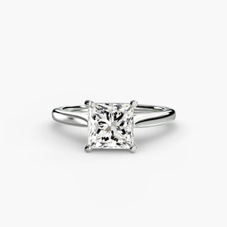 Cathedral solitaire engagement ring setting in white gold, featuring a princess-cut lab grown diamond. || #metal_white gold|platinum #diamond shape_princess