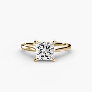Cathedral solitaire engagement ring setting in yellow gold, featuring a princess-cut lab grown diamond. || #metal_yellow gold #diamond shape_princess