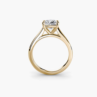 Cathedral solitaire engagement ring setting in yellow gold, side profile view, featuring a princess-cut lab grown diamond. || #metal_yellow gold #diamond shape_princess