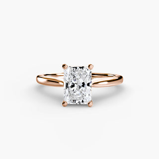 Cathedral solitaire engagement ring setting in rose gold, featuring a radiant-cut lab grown diamond. || #metal_rose gold #diamond shape_radiant