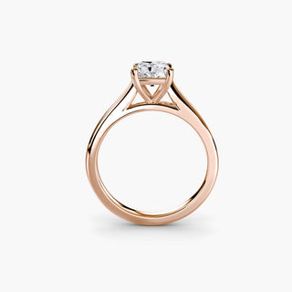 Cathedral solitaire engagement ring setting in rose gold, side profile view, featuring a radiant-cut lab grown diamond. || #metal_rose gold #diamond shape_radiant