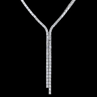 Emerald lab-grown diamond lariat Y necklace with 15 carats total weight and 150 emeralds in white gold, showcasing elegant design.