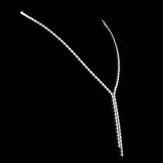 Oval lab-grown diamond lariat Y necklace with 14 carats total weight and 140 small diamonds in white gold.