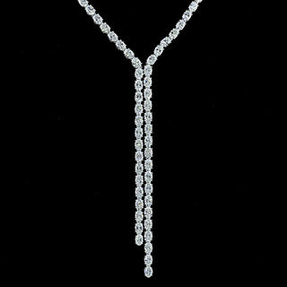 Oval lab-grown diamond lariat necklace with 13 carats total weight, 140 sparkling diamonds on a white gold chain.