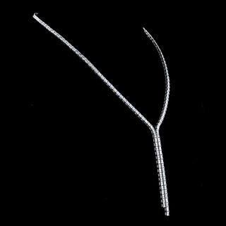 Radiant lab-grown diamond lariat Y necklace with 15 carats total weight and 150 round diamonds in white gold.