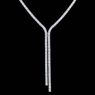 Radiant lab-grown diamond lariat Y necklace with 15 carats total weight and 150 radiant cut diamonds in white gold.