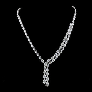 Double row pear-shaped lab-grown diamond lariat necklace with 30ct tw, 1ct center diamonds, 16-inch white gold chain.