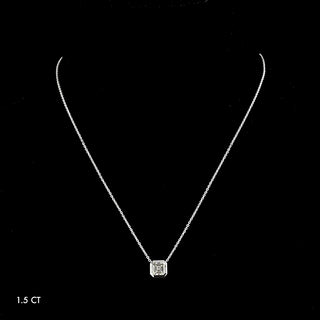 Asscher lab-grown diamond bezel solitaire pendant necklace with 1.5 carat white gold setting, showcasing a sparkling Asscher cut diamond.