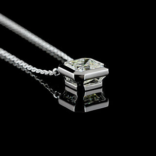 Asscher lab-grown diamond bezel solitaire pendant necklace with 1.5 carat white gold setting, elegant and sparkling jewelry piece.