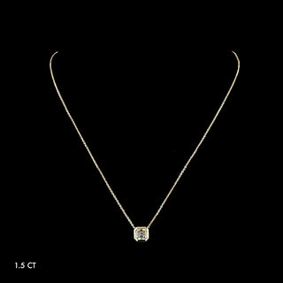 14K yellow gold Asscher lab-grown diamond bezel solitaire pendant necklace with a 1.5 carat center stone.