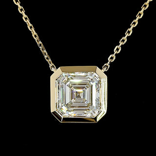 Yellow gold Asscher lab-grown diamond bezel solitaire pendant necklace featuring a 2.0 carat Asscher cut diamond.
