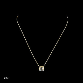 Asscher cut lab-grown diamond bezel solitaire pendant necklace with yellow gold chain, 2.0 carats, elegant jewelry piece.
