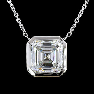 Asscher lab-grown diamond bezel solitaire pendant necklace with a 3.0-carat white gold setting featuring a central Asscher cut diamond.