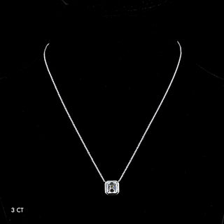 Asscher lab-grown diamond bezel solitaire pendant necklace with a 3.0 carat white gold setting and two smaller diamonds.