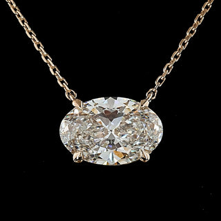 Oval lab-grown diamond solitaire pendant necklace with 2-carat rose gold setting, showcasing elegant jewelry design.