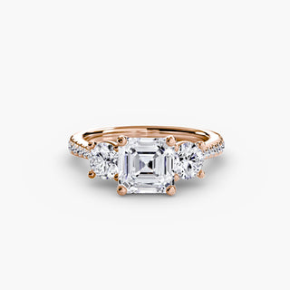 LabGrownDiamonds.com three stone cathedral pavé engagement ring setting with Asscher cut center stone and detailed metalwork.