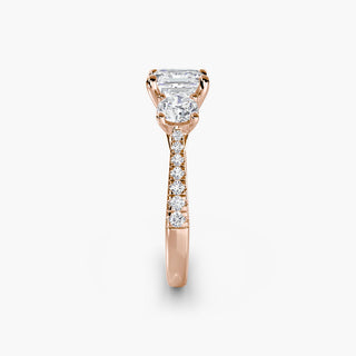 LabGrownDiamonds.com three stone cathedral pavé engagement ring setting with Asscher cut side stones, showcasing intricate metalwork and sparkle.