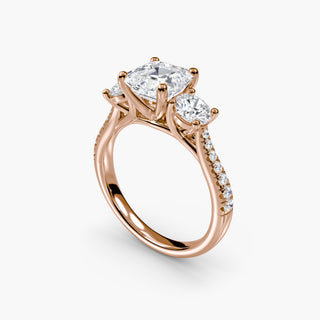 Three stone cathedral pavé engagement ring setting with lab-grown diamonds, shown from four angles.