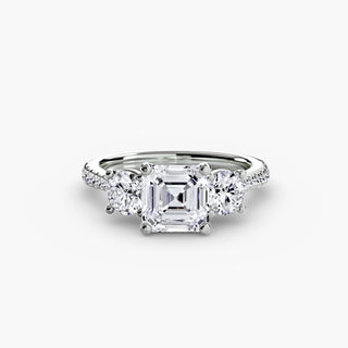 Three stone cathedral pavé engagement ring setting with lab-grown diamonds, featuring an asscher cut in white gold.