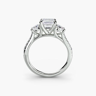 LabGrownDiamonds.com three-stone cathedral pavé engagement ring setting with asscher cut diamonds in white gold, front view.
