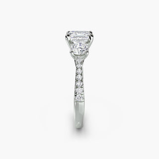 Three stone cathedral pavé engagement ring setting with lab-grown diamonds, featuring asscher cut side stones in white gold.