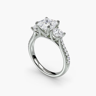 LabGrownDiamonds.com three stone cathedral pavé engagement ring setting with asscher cut diamonds, shown from four angles in white gold.
