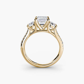 LabGrownDiamonds.com three stone cathedral pave engagement ring with Asscher-cut center stone, yellow gold setting, front view