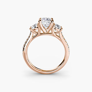 Three stone cathedral pave engagement ring setting with cushion-cut center stone from LabGrownDiamonds.com, detailed metalwork visible.