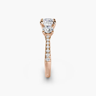 LabGrownDiamonds.com three-stone cathedral pavé engagement ring setting with cushion-cut center and side stones.