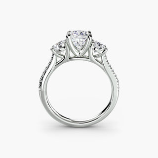LabGrownDiamonds.com three-stone cathedral pave engagement ring with cushion-cut center and white gold setting, front view.