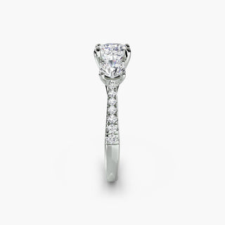 LabGrownDiamonds.com three stone cathedral pave engagement ring with cushion-cut center and side stones in white gold setting