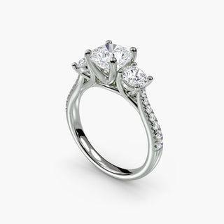 Three stone cathedral pave engagement ring setting with cushion cut center, crafted by LabGrownDiamonds.com, shown from four angles.