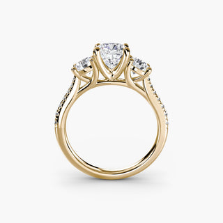 Three stone cathedral pave engagement ring setting with cushion-cut lab-grown diamonds, showcasing intricate metalwork and sparkling stones.