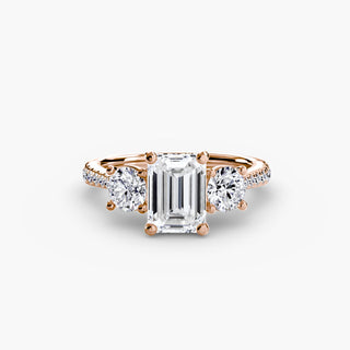 LabGrownDiamonds.com three-stone cathedral pavé engagement ring setting with emerald cut center stone and intricate metalwork.