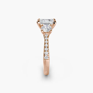 Three stone cathedral pave engagement ring setting with emerald-cut diamonds from LabGrownDiamonds.com, showcasing detailed craftsmanship.