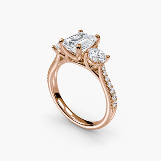 Three stone cathedral pave engagement ring setting with emerald cut lab-grown diamonds, designed by LabGrownDiamonds.com.