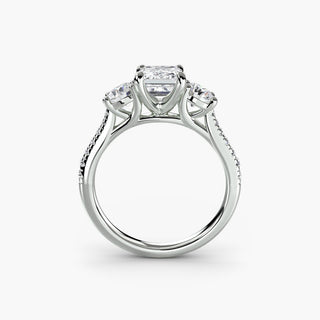 Three stone cathedral pavé engagement ring setting in white gold with lab-grown diamonds, showcasing intricate craftsmanship.
