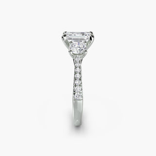 Three stone cathedral pavé engagement ring setting with emerald-cut lab-grown diamonds in white gold, side view.