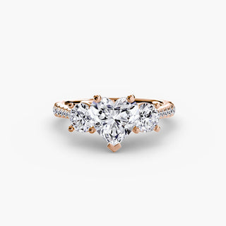 Three stone cathedral pavé engagement ring setting with heart-shaped accents, crafted by LabGrownDiamonds.com.