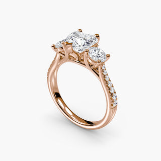 Three stone cathedral pavé engagement ring setting with heart-shaped details, crafted by LabGrownDiamonds.com, shown from four angles.