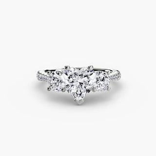 Three stone cathedral pavé engagement ring setting in white gold with heart-shaped side accents, designed for lab-grown diamonds.